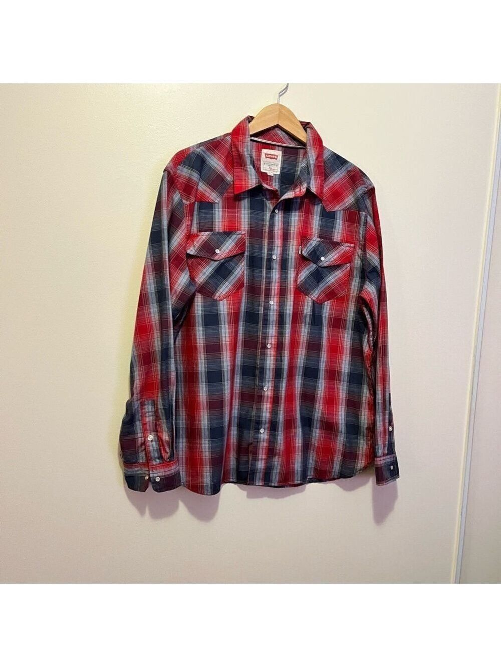 Levi's Red and Blue Plaid Men's Shirt Western Pearl Snap Long Sleeve Cowboy XL